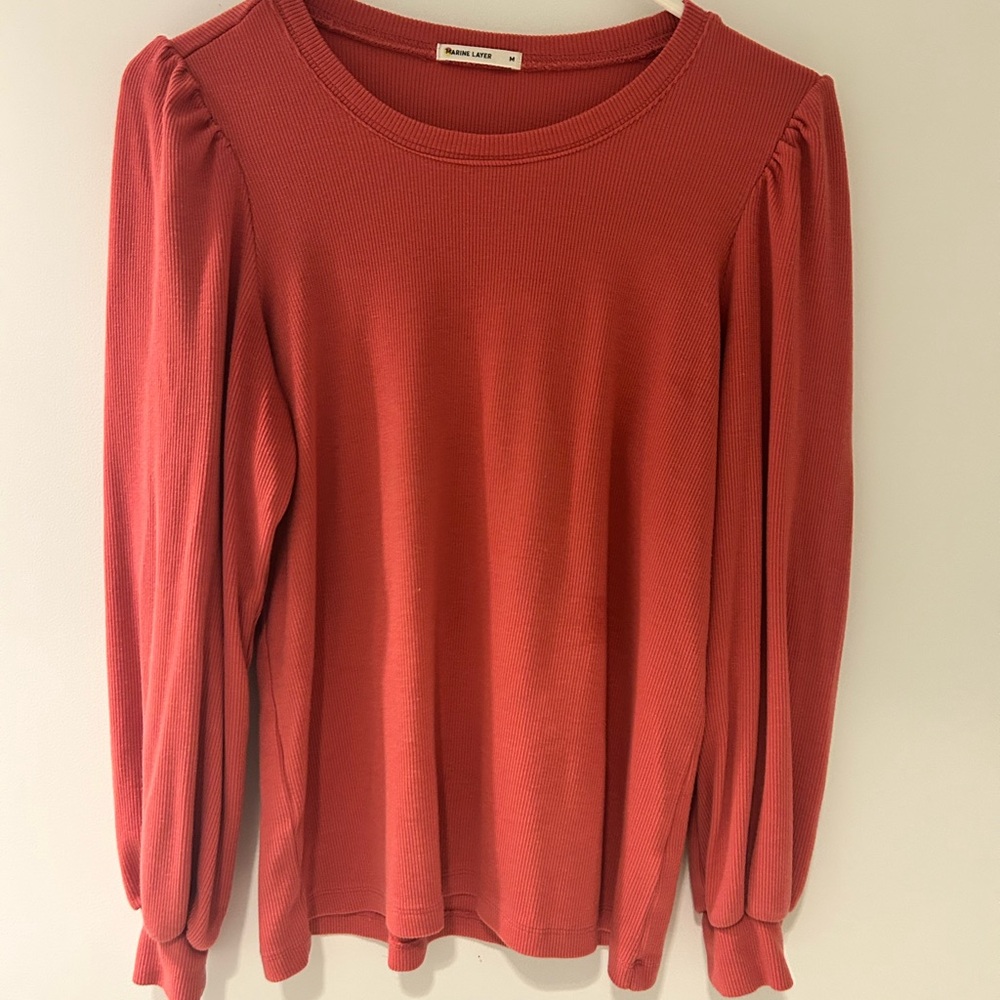 Madewell Coral Puff-Sleeve Ribbed Top